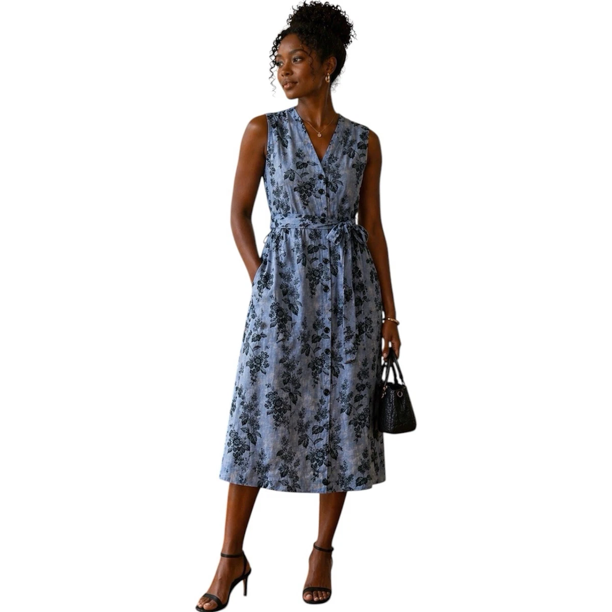 pink a line dress midi Adrianna Papell Floral Chiffon A-line Midi Dress With Cap Sleeves
