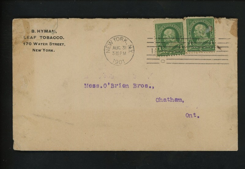 US Postal History #279(2) CC Leaf Tobacco 1901 New York NY to Chatham ON Canada 