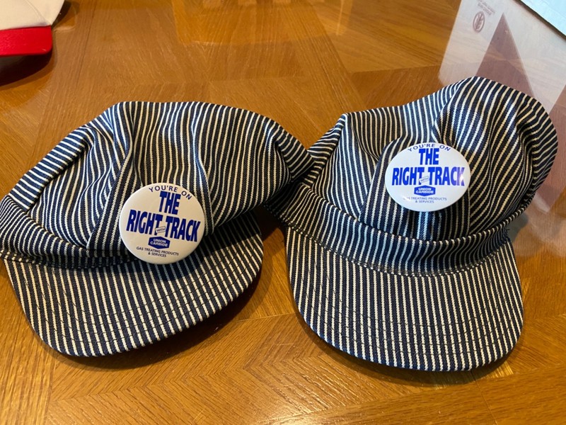 Union Carbide Ball  Caps Blue and  White Striped Lot of 2 Pre-Owned