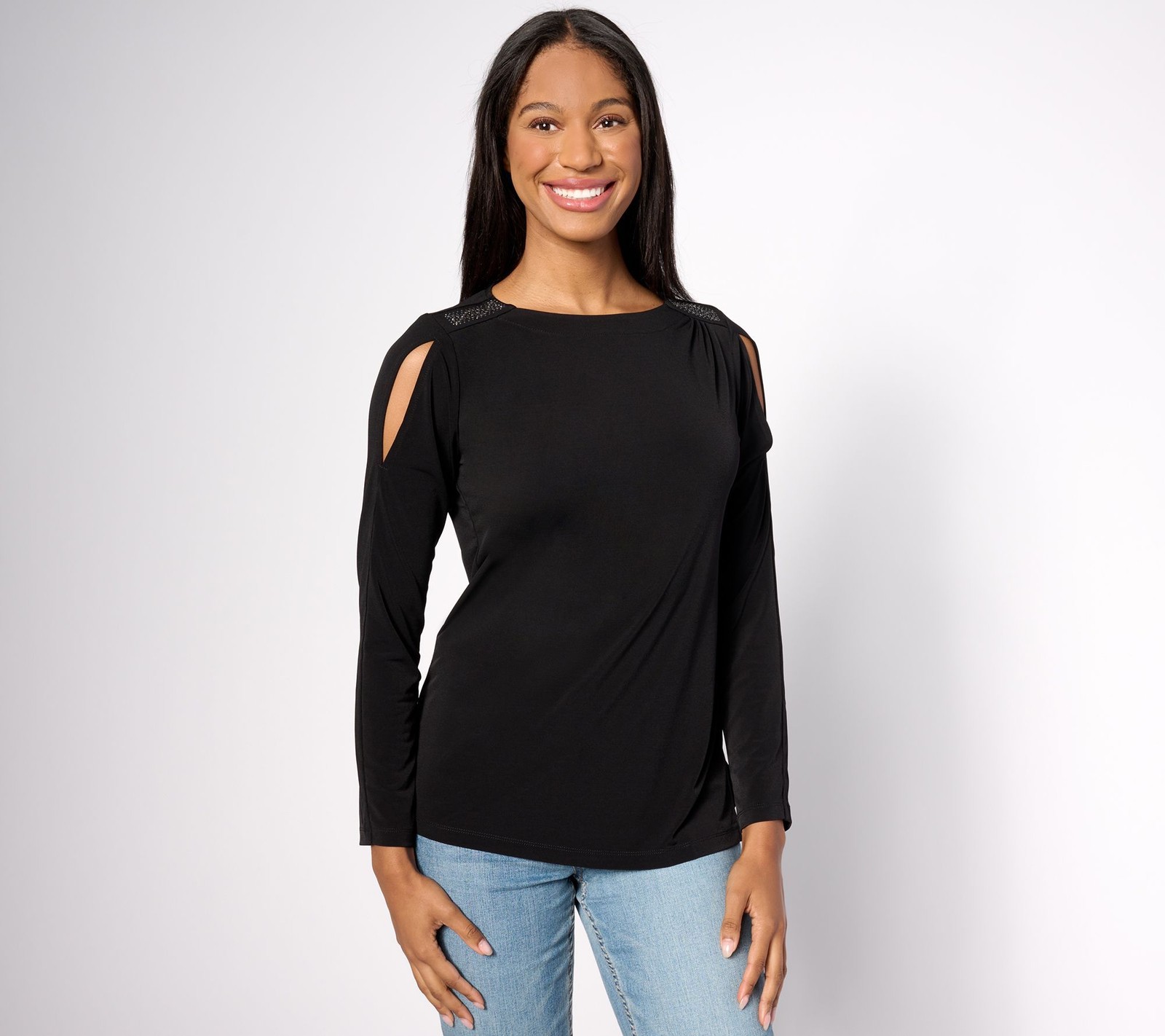 Susan Graver Women's Top Plus Sz 3X Occasions Liquid Knit Cut-Out Black A623466