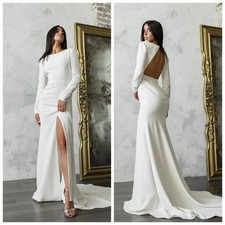 Simple Wedding Dress BoatNeck Full Sleeves Satin Minimalist Bride Gown Open Back