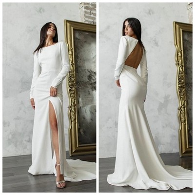 Simple Wedding Dress BoatNeck Full Sleeves Satin Minimalist Bride Gown Open Back