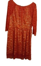 Vvictoire Dress Women's Size 8 Vibrant Coral Lace Lined Pleated Fit & Flare EUC