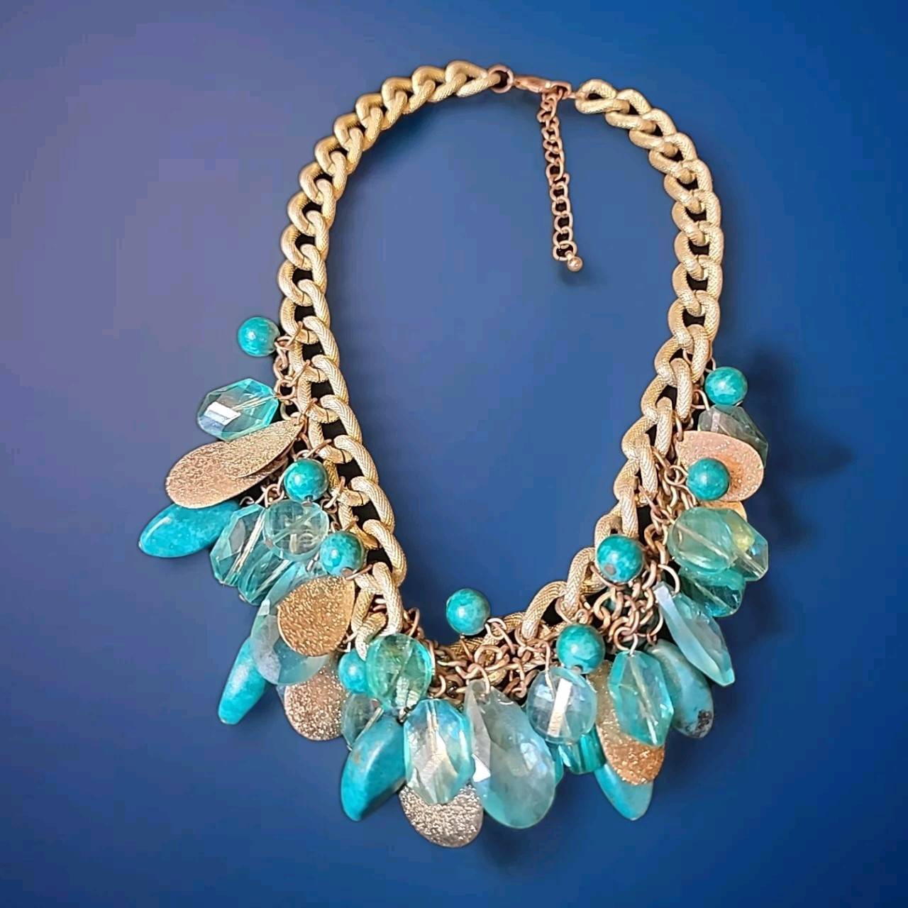 Rare Beaded Chunky Statement Necklace, Clear Resin Beads, Gold Tone, Turquoise