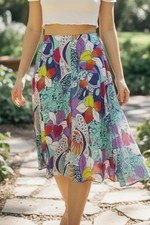 Vintage Casual Studio Multicolor Floral Paisley Silk Blend Midi Skirt Boho L