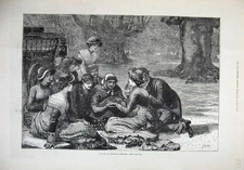 Old Antique Print 1879 Fine Art People Picnic Burnham Beeches Country Art 19th