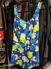 Vintage 50s  One Piece Women's Swimwear Glenbrooke Green Blue White Flowers
