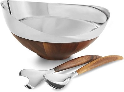 Nambé Pulse Salad Bowl with Servers 12  x 13  Stainless Steel Bowl