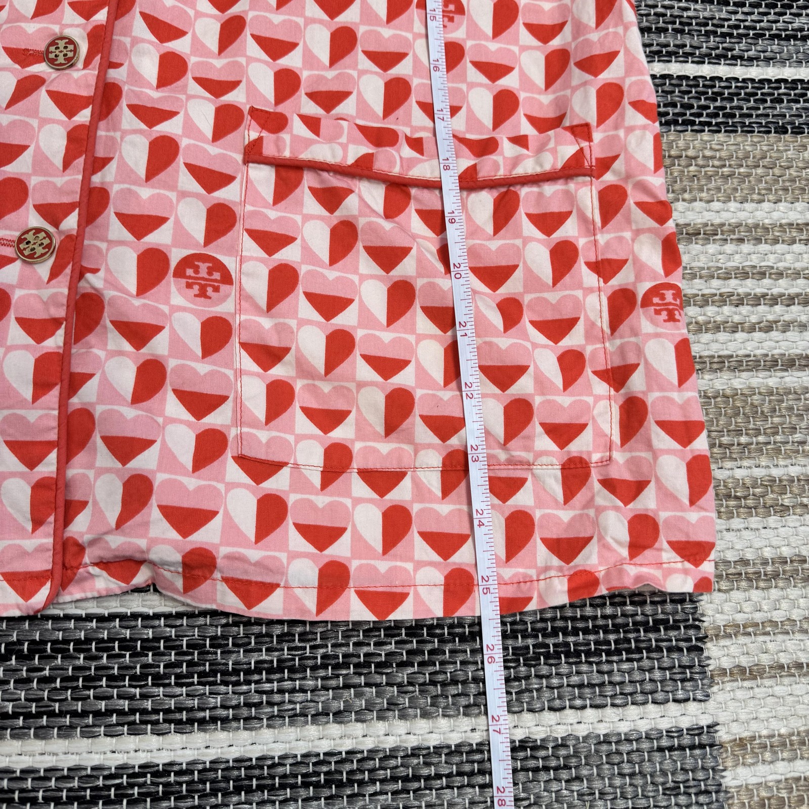 Tory Burch Pajama Top Women's Medium Pink Heart Print Button Front Cotton Logo thumbnail 15