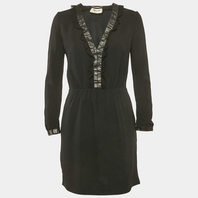 Saint Laurent Minikleid Schwarz Leder und Spitzenbesatz Krepp M