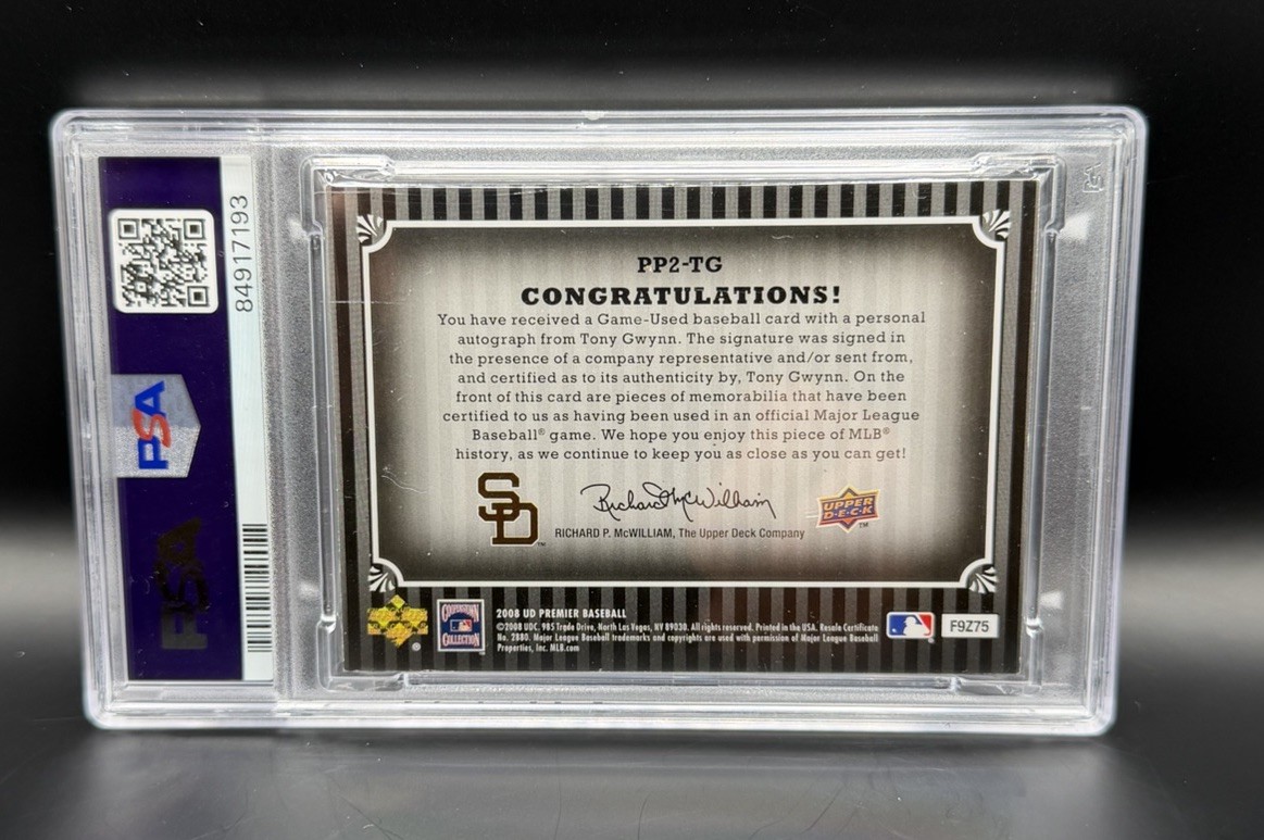 2008 Upper Deck Premiere Game Worn Used Jersey Patch Tony Gwynn Auto 15/15 PSA 6 view 2