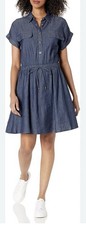 Tommy Hilfiger Women s Chambray Tie Waist Shirt Blue Dress L