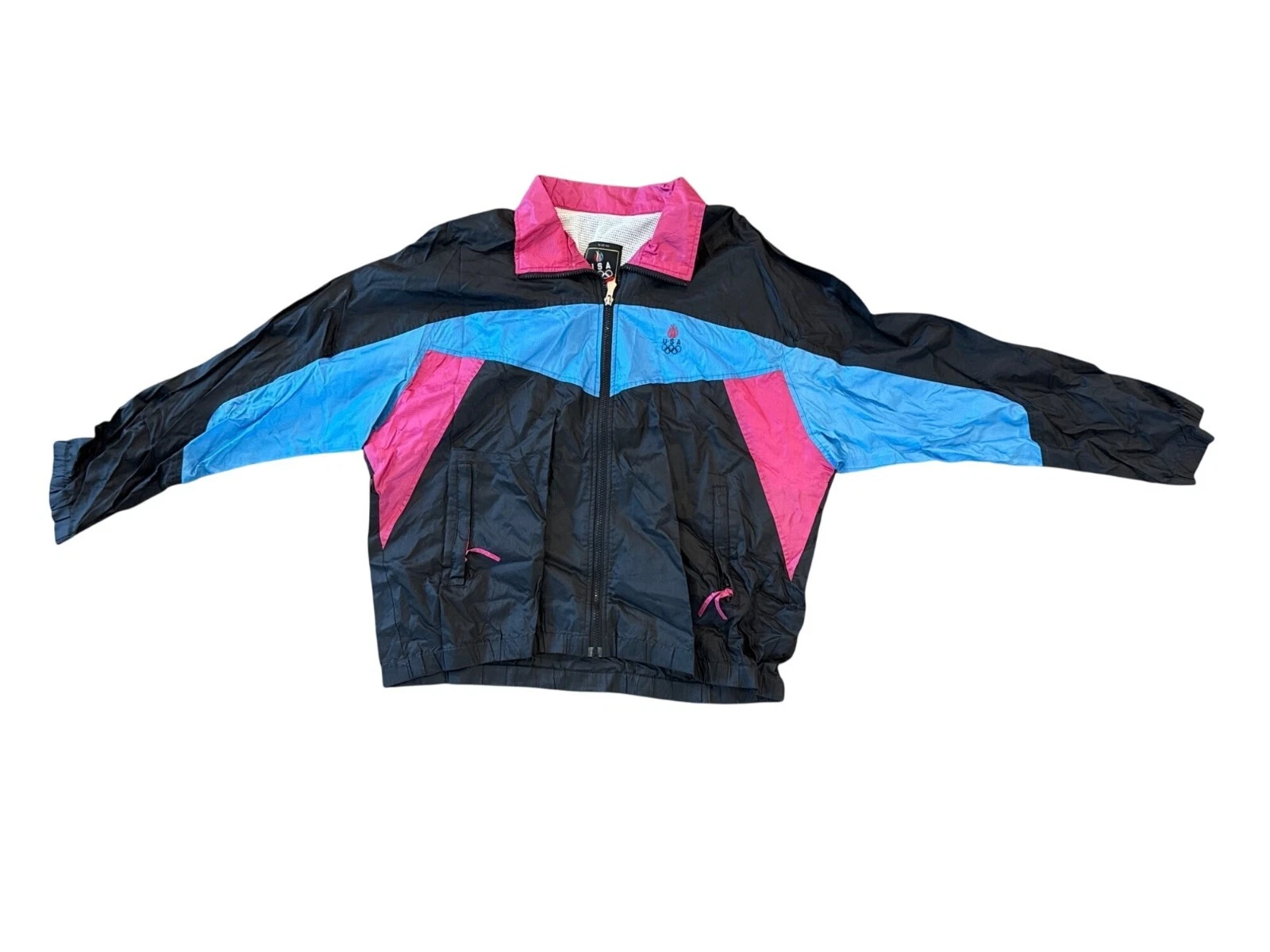 Vintage USA Olympics Windbreaker Jacket Large By JCPenney Nylon Shell Black Pink