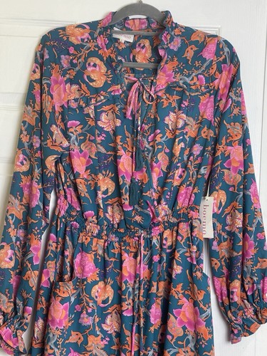 Boemo Anthropologie Tiered Maxi Dress Sz L Floral Paisley Tassel Tie Long Sleeve - Picture 7 of 14