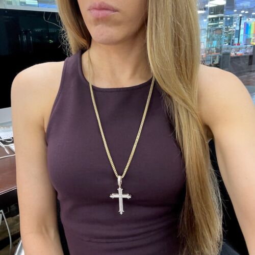 Men's Large Pave Diamond Cross Necklace Pendant 10K Yellow Gold, 6.95 Grams - Picture 4 of 7