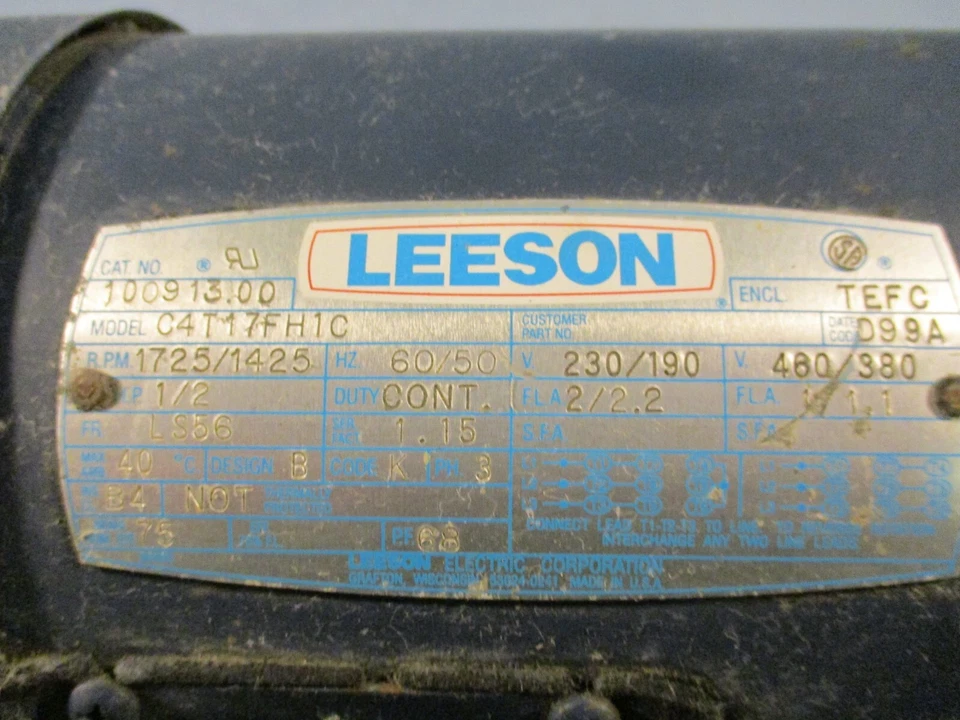 Leeson Electric 100913.00 Motor 1/2HP 230/190V C42K17NZ1A 5/8" Shaft Dia - Image 3 of 4