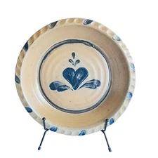 Rowe Pottery Works 1989 Blue Heart Salt Glazed Thumb Print Pie Plate.