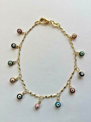 14K GOLD PLATED 7.5'' BRACELET WITH 11 MULTI-COLORED EYE BALLS DANGLING  J364