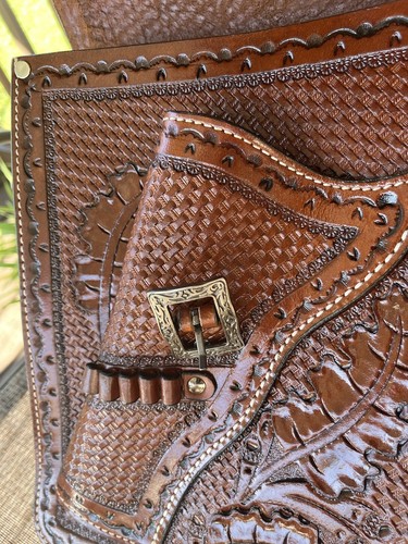 Western Tooled Basket Weave Leather Saddle Bags Cantle Bag w Gun Holster 176861 - Picture 6 of 10