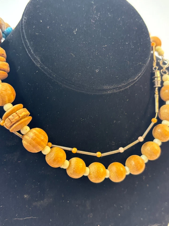 Lote Collares Madera y Piedra Azul Cuentas Gruesas y Delicadas Moda Boho Foto 2 de 4