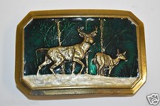 WOW 1976 Vintage Colorful Green DEER in Snow Hunter Brass Tone Belt Buckle Rare