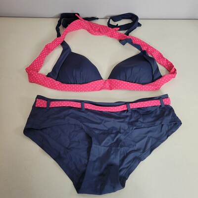 Guess Women s Bikini   Navy Blue Pink Polka Dot & Stripe   Size S/M   Swimwear