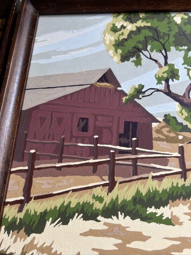 Set of 4 Vintage 50s 60s Paint By Number Barn Horse Windmill Water Wheel Church - Picture 8 of 10