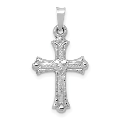 14k White Gold Diamond Textured Polished Fleur De Lis Cross Charm Pendant