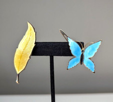 PAIR Vintage Guilloche Enamel Blue Butterfly Yellow Feather Hair Clips JAPAN