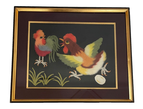 Japanese Matsuhato BUNKA PUNCH EMBROIDERY Chicken & Rooster #710 Framed VTG