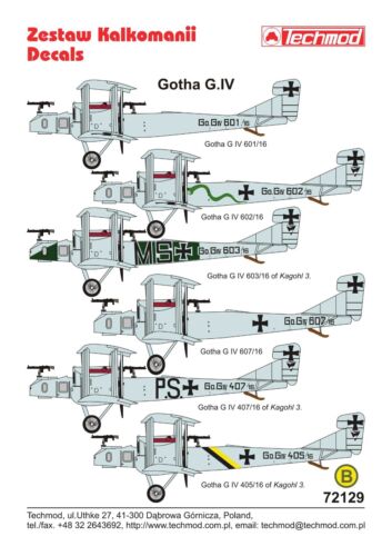 Techmod 72129 1/72 Gotha G.IV German Heavy Bomber aircraft Wet Decal WWI - Picture 6 of 9