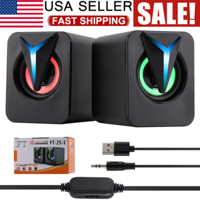 Wired Computer Speakers RGB LED Stereo Bass Sound 3.5mm USB for Desktop Laptop