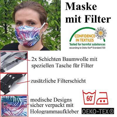Baumwoll Maske Mund- und Nasen Maske Mundschutz Gesichtsmaske Atemschutz +Filter
