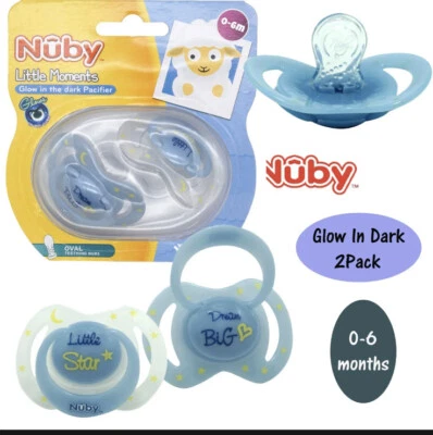 2PK NUBY LITTLE MOMENTS GLOW IN THE DARK DUMMIES/ PACIFIERS BLUE 0-6M OVAL