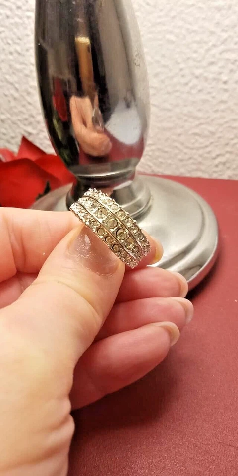 ANELLO a fascia con 3 file di scintillanti ZIRCONI BIANCHI argento Fascione Ring - Immagine 3 di 4