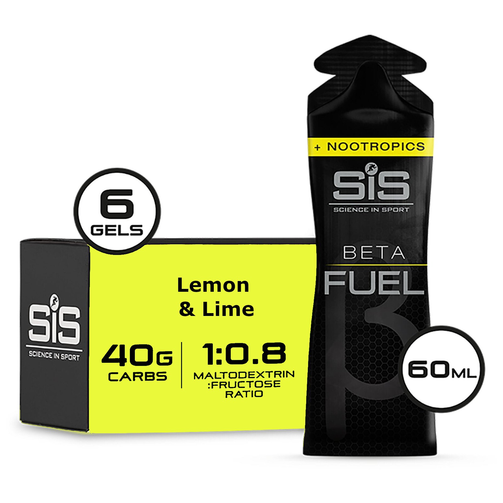 SIS BETA Fuel Gel Plus Nootropics 6 Pack 60ml Sports Energy Lemon & Lime 6 Pack