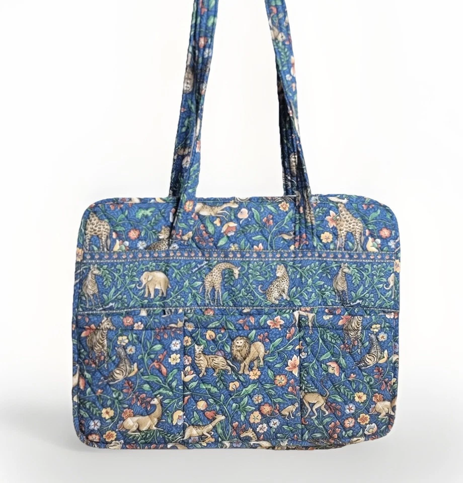 Bolso de Mano Vintage Vera Bradley Retirado Reino Animal Azul Estampado Safari Acolchado Foto 4 de 4