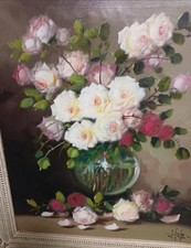 Tableau Ancien Huile Nature Morte Bouquet de Fleurs Roses XXème