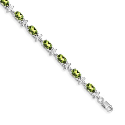 14k White Gold Oval Cut Peridot & Diamond Floral Link Bracelet 7''
