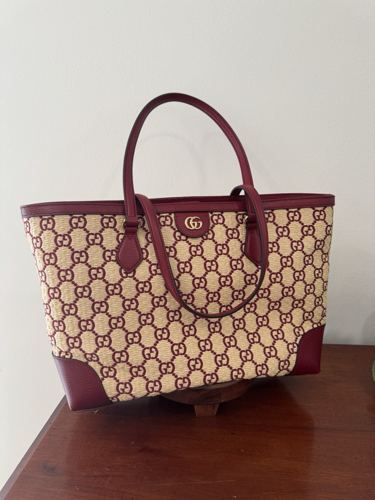 Gucci Ophidia Medium Leather/Straw GG Tote Bag Cherry Red New & Dust Bag