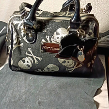 Betsey Johnson Black/Silver Skull Print Satchel Top Handle, Strap, Zip Bow Charm