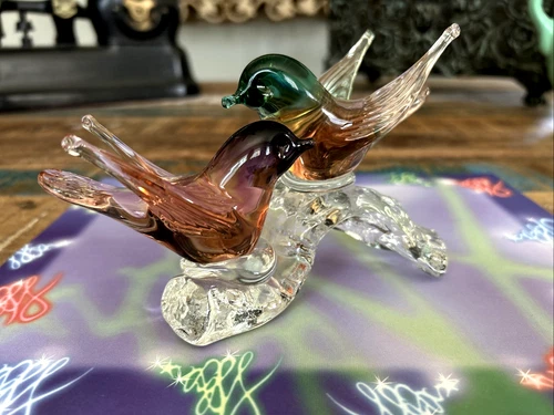 Beautiful Arte Murano ICET Watermelon Color Love Birds On Branch Glass Sculpture
