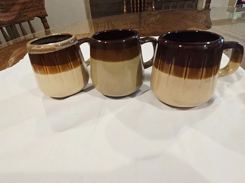 Vintage Stoneware Cups Brown And Tan Set Of 3