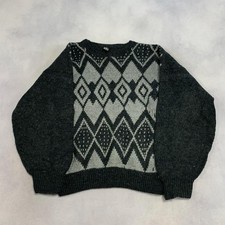 Vintage Abstract Knitted Jumper Patterned Grandad Chunky Knit Sweater Men's L