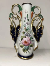 Old Paris Porcelain Imari Style Scroll Handled Vase Hand Flow Blue Orange