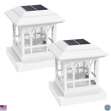 Solar Fence Post Lights - Crackle Glass, 20 Lumens, Warm White & RGB, Set of 2