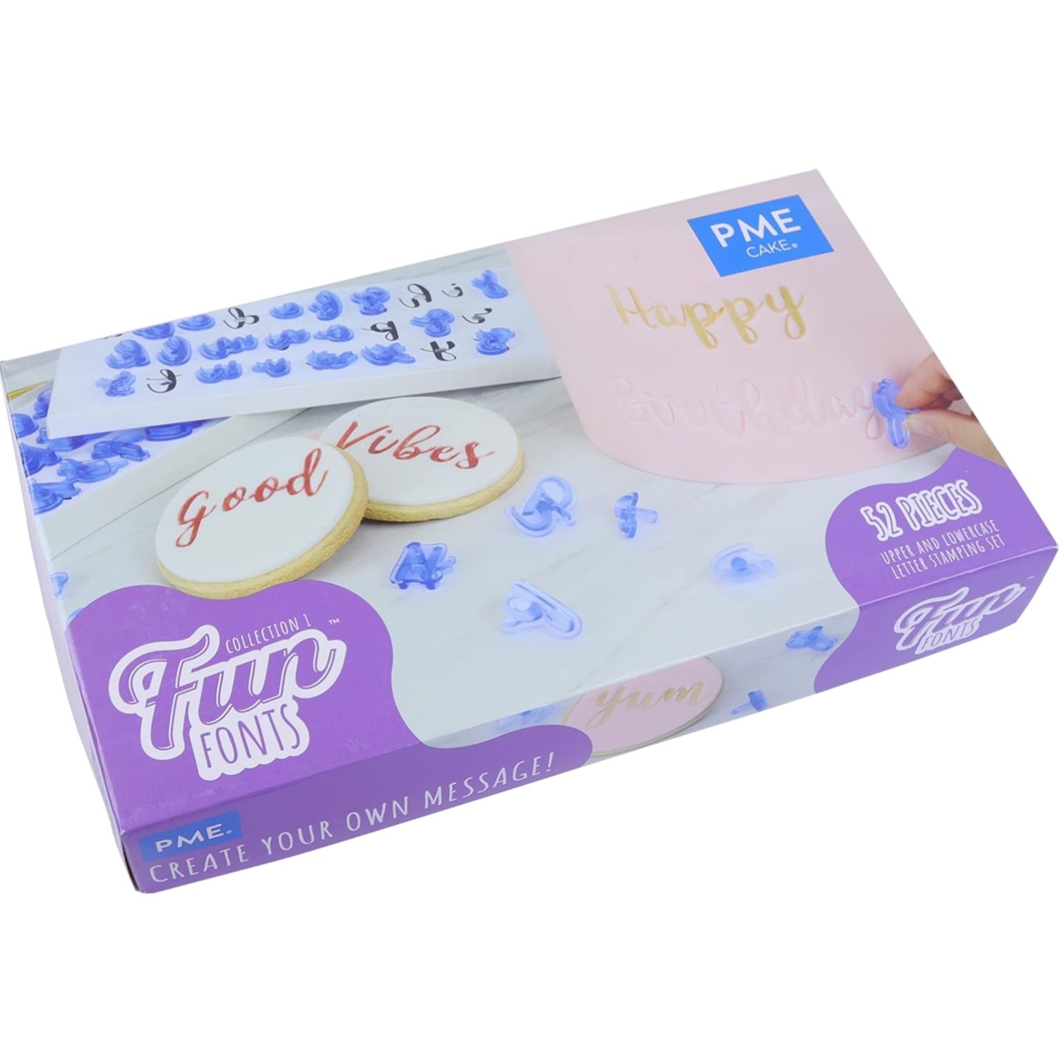 Tampons Alphabet PME FF52 Majuscules et Minuscules pour Pâte à Sucre, 52 Pièces
