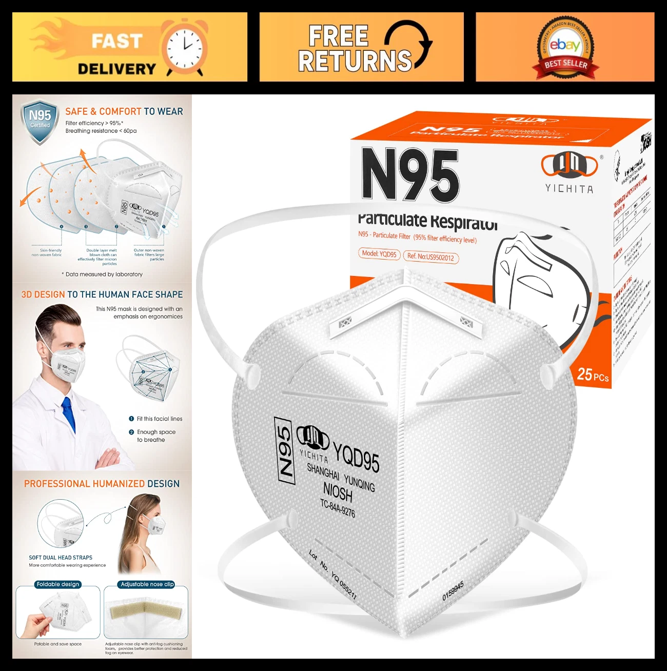 25-Pack N95 Face Masks - NIOSH Approved Particulate Respirators, Universal Fit,