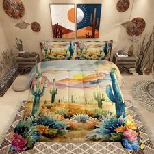 Watercolor Desert Bedding Set Queen Size Green Cactus Plant Comforter Southwe...