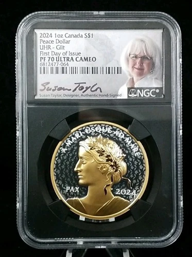2024 Canada 1oz Silver Peace Dollar GILT Ultra High Relief NGC PF70 UC FDOI 6592